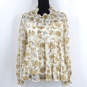 Greige Tiered Babydoll Blouse Top Womens Medium Bird Print Ivory Boho Smocked